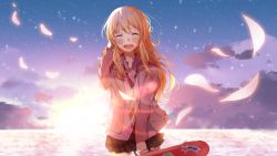 Rule 34 | 10s, 1girl, absurdres, black skirt, blazer, blurry, blush, bokeh, cloud, cloudy sky, cowboy shot, depth of field, facing viewer, highres, horizon, instrument case, jacket, long hair, looking at viewer, loose necktie, miyazono kawori, necktie, ocean, open clothes, open jacket, open mouth, outdoors, petals, pleated skirt, school uniform, shigatsu wa kimi no uso, skirt, sky, smile, solo, star (sky), starry sky, striped necktie, striped neckwear, sunset, the cold, violin case