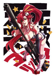 Rule 34 | 1girl, absurdres, anti-materiel rifle, asymmetrical gloves, bent over, bikini, bikini top only, boots, breasts, bullet, cleavage, commentary, english commentary, fingerless gloves, flame print, full body, gloves, gun, hair between eyes, hair ornament, hair stick, highres, holding, holding gun, holding weapon, knee boots, large breasts, looking at viewer, makeup, mascara, monori rogue, mouth hold, pink thighhighs, ponytail, red hair, rifle, scarf, short shorts, shorts, skull hair ornament, sniper rifle, solo, star (symbol), swimsuit, tengen toppa gurren lagann, thighhighs, uneven gloves, weapon, yellow eyes, yoko littner