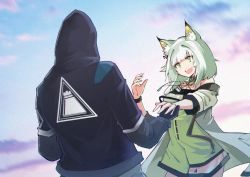 Rule 34 | 1girl, 1other, ambiguous gender, animal ears, arknights, bare shoulders, cat ears, choker, doctor (arknights), dress, green dress, green eyes, green hair, holding hands, hood, hooded jacket, jacket, jewelry, kal&#039;tsit (arknights), long sleeves, looking at another, necklace, open mouth, pursuit tiantian, short hair, short sleeves, sky