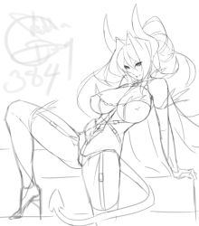 Rule 34 | 1girl, breasts, demon tail, elbow gloves, eu03, garter straps, gloves, greyscale, high heels, highleg, highleg panties, horns, huge breasts, impossible clothes, long hair, monochrome, monochrome, original, panties, shoes, sketch, solo, tail, thighhighs, tsunoko, underwear, very long hair