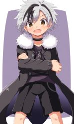 Rule 34 | 1boy, black hair, clant st, collar, commentary request, crossed arms, fang, grey hair, highres, jacket, jewelry, looking at viewer, male focus, multicolored hair, necklace, nijisanji, purple shirt, shirt, shorts, simple background, solo, solo focus, suzuki masaru, virtual youtuber