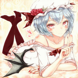 Rule 34 | 1girl, bare shoulders, bat wings, blue hair, brown thighhighs, camisole, check commentary, chemise, collarbone, commentary, commentary request, dress, fingernails, flower, garter straps, hat, hat flower, hat ribbon, heart, jewelry, kyuumoto kuku, legs up, looking at viewer, lying, mob cap, nail polish, off shoulder, on stomach, pink dress, pink eyes, red nails, remilia scarlet, ribbon, ring, sharp fingernails, smile, solo, thighhighs, touhou, wings, zettai ryouiki