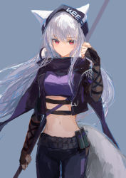 Rule 34 | 1girl, absurdres, animal ears, arknights, arm ribbon, beanie, belt, belt buckle, blue background, buckle, closed mouth, cowboy shot, cropped jacket, ears through headwear, eyes visible through hair, fingerless gloves, fox ears, fox girl, fox tail, frostleaf (arknights), frostleaf (breaking the ice) (arknights), gloves, hair between eyes, hat, headphones, headphones around neck, highres, holding, holding polearm, holding weapon, ichika (ichika87), layered sleeves, light blush, long hair, looking at viewer, midriff, polearm, purple scarf, red eyes, ribbon, scarf, see-through, see-through sleeves, sidelocks, simple background, smoke grenade, solo, tail, weapon, white hair