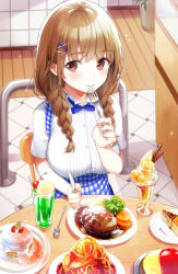 Rule 34 | 1girl, apron, blue apron, blue ribbon, blush, braid, breasts, brown hair, cake, candy, chair, cherry, commentary request, eating, food, fork, fruit, hair ornament, hairclip, highres, holding, holding fork, holding knife, knife, kobeya uniform, large breasts, long hair, looking at viewer, original, rangu, ribbon, shirt, short sleeves, sitting, smile, solo, twin braids, white shirt, x hair ornament
