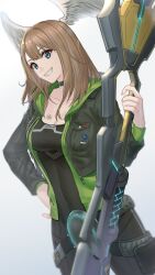 Rule 34 | 1girl, black bodysuit, black choker, black jacket, blue eyes, bodysuit, breasts, brown hair, choker, cleavage, collarbone, commentary request, covered navel, cropped jacket, eunie (xenoblade), feathered wings, gradient background, green jacket, grey background, grin, hand on own hip, head wings, highres, holding, hood, hood down, hooded jacket, jacket, long sleeves, looking at viewer, medium breasts, nine (d3dqe), open clothes, open jacket, smile, solo, standing, white wings, wings, xenoblade chronicles (series), xenoblade chronicles 3