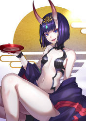 Rule 34 | 1girl, :d, alcohol, bare shoulders, blue eyes, breasts, collarbone, commentary request, cup, fang, fate/grand order, fate (series), feet out of frame, hand up, head tilt, headpiece, highres, holding, holding cup, horns, japanese clothes, kimono, looking at viewer, navel, off shoulder, oni, open mouth, purple hair, purple kimono, re (re 09), revealing clothes, sakazuki, sake, short hair, shuten douji (fate), sitting, skin-covered horns, small breasts, smile, solo, stomach, thighs, white background, wristband