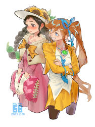 2girls ace_attorney artist_name athena_cykes blue_bow blue_eyes blue_necktie blush bow braid brown_eyes brown_hair cropped_jacket crossed_arms dated dress fingerless_gloves flower gloves hair_between_eyes hair_bow hat hat_flower highres jacket jewelry juniper_woods long_hair long_sleeves looking_at_another looking_down multiple_girls necklace necktie orange_hair pantyhose phoenix_wright:_ace_attorney_-_dual_destinies pink_dress shirt side_ponytail skirt skyloop19 smile sunflower twin_braids very_long_hair white_background white_gloves white_hat white_shirt yellow_bow yellow_jacket yellow_skirt