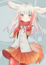 Rule 34 | 10s, 1girl, absurdres, bird tail, blunt bangs, blush, gloves, head wings, highres, japanese crested ibis (kemono friends), kemono friends, long sleeves, looking at viewer, medium hair, multicolored hair, odeclea, orange skirt, outstretched hand, pantyhose, pleated skirt, red gloves, red pantyhose, shirt, silver hair, simple background, skirt, smile, solo, standing, tail, two-tone hair, white shirt, wings, yellow eyes