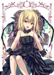 Rule 34 | 1girl, alternate costume, bare shoulders, black dress, blonde hair, detached collar, dress, flandre scarlet, flower, head tilt, highres, invisible chair, looking at viewer, monety, nail polish, no headwear, open mouth, pointy ears, red eyes, rose, short hair, side ponytail, sitting, smile, solo, strapless, strapless dress, touhou, wings, wrist cuffs