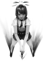 Rule 34 | 1other, absurdres, androgynous, artist request, black hair, black neckwear, black shorts, collared shirt, crystal hair, from above, full body, gem uniform (houseki no kuni), greyscale, highres, holding, holding sword, holding weapon, houseki no kuni, monochrome, necktie, obsidian (houseki no kuni), shirt, short hair, short shorts, shorts, sword, weapon, white background, white shirt