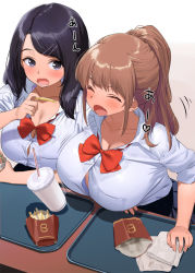 Rule 34 | 2girls, black hair, black skirt, blush, bow, bowtie, bra, bra peek, breasts, brown hair, cleavage, collarbone, commentary request, cup, disposable cup, drinking straw, fang, food, french fries, hair ornament, hairclip, inconvenient breasts, kaisen chuui, large breasts, long hair, multiple girls, open mouth, original, ponytail, red bow, school uniform, shirt, simple background, skirt, underwear, white background, white shirt