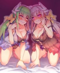 Rule 34 | 2girls, aqua hair, bare shoulders, black bra, black panties, bow, bra, breasts, cleavage, collarbone, commentary, commentary request, crazy smile, dragon girl, dragon horns, dual persona, fate/grand order, fate (series), heart, heart-shaped pupils, horns, kiyohime (fate), kiyohime (fate/grand order), kiyohime (swimsuit lancer) (fate), kiyohime (third ascension) (fate), large breasts, long hair, multiple girls, multiple horns, panties, see-through, silver hair, smile, symbol-shaped pupils, underwear, very long hair, wisespeak, yandere, yellow bow, yellow eyes