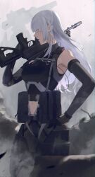 Rule 34 | 1girl, ak-15, ak-15 (girls&#039; frontline), assault rifle, braid, breasts, clothing cutout, defy (girls&#039; frontline), detached sleeves, elbow gloves, facing away, girls&#039; frontline, gloves, gun, hair over eyes, highres, holding, holding gun, holding weapon, kalashnikov rifle, large breasts, long hair, looking to the side, midriff, navel, navel cutout, over shoulder, pouch, rigging, saturndxy, side braid, solo, tactical clothes, thigh armor, weapon, white hair