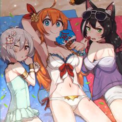 Rule 34 | 3girls, ;o, absurdres, ahoge, animal ear fluff, animal ears, armpits, bare arms, bare shoulders, bikini, black hair, blue eyes, blush, bow, breasts, brown eyes, candy, casual one-piece swimsuit, cat ears, cleavage, closed mouth, commentary request, eyewear on head, fang, food, food bite, green one-piece swimsuit, hair between eyes, hair ribbon, hairband, hand fan, highres, holding, holding candy, holding fan, holding food, holding lollipop, hood, hood down, hooded jacket, jacket, karyl (princess connect!), karyl (summer) (princess connect!), kokkoro (princess connect!), kokkoro (summer) (princess connect!), korean commentary, lakilolom, lollipop, lying, medium breasts, multicolored hair, multiple girls, navel, off shoulder, on back, on stomach, one-piece swimsuit, one eye closed, open mouth, orange hair, paper fan, parted lips, pecorine (princess connect!), pecorine (summer) (princess connect!), pointy ears, princess connect!, purple jacket, red bow, red ribbon, ribbon, short shorts, shorts, smile, streaked hair, sunglasses, sweat, swimsuit, uchiwa, white-framed eyewear, white bikini, white hair, white hairband, white shorts
