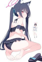Rule 34 | 2girls, absurdres, animal ears, ass, ayane (blue archive), ayane (swimsuit) (blue archive), bikini, black bikini, black hair, blue archive, blue ribbon, cloud, commentary request, flat chest, frilled bikini, frills, from behind, glasses, hair ribbon, highres, jyt, looking at viewer, looking back, multiple girls, official alternate costume, red-framed eyewear, red eyes, ribbon, serika (blue archive), serika (swimsuit) (blue archive), short hair, simple background, swimsuit, twintails, white background