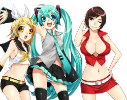 Rule 34 | 3girls, :o, adjusting hair, armpits, bad id, bad pixiv id, blonde hair, blue hair, breasts, brown eyes, brown hair, cleavage, covered erect nipples, detached sleeves, flat chest, frills, hair ornament, hair ribbon, hairclip, hatsune miku, huge breasts, kagamine rin, long hair, makuro, meiko (vocaloid), midriff, miniskirt, multiple girls, necktie, one eye closed, orange eyes, panties, pantyshot, ribbon, short hair, shorts, skirt, sleeveless, smile, striped clothes, striped panties, thighhighs, twintails, underwear, vocaloid, wink