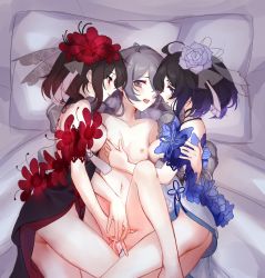 Rule 34 | 3girls, after kiss, ass, bad id, bad pixiv id, bed sheet, black hair, blue eyes, blue flower, blue hair, blue ribbon, blush, grabbing another&#039;s breast, breasts, bronya zaychik, censored, china dress, chinese clothes, commentary request, devilsw, dress, dress flower, drill hair, fingering, flower, girl sandwich, grabbing, gradient hair, grey eyes, grey hair, hair flower, hair ornament, honkai (series), honkai impact 3rd, hug, long hair, looking at another, lying, medium hair, mosaic censoring, multicolored clothes, multicolored dress, multicolored hair, multiple girls, navel, nipples, nude, on back, on bed, on side, open mouth, petals, pillow, pussy, pussy juice, red eyes, red flower, red hair, ribbon, saliva, saliva trail, sandwiched, seele (alter ego), seele vollerei, seele vollerei (stygian nymph), sidelocks, small breasts, veil, yuri