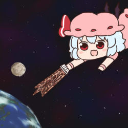 Rule 34 | 1girl, bat wings, batta (ijigen debris), blue hair, blush stickers, chibi, earth (planet), fang, food, hat, highres, holding, imminent apocalypse, mob cap, moon, nattou, no eyebrows, open mouth, outstretched arms, pink hat, pink shirt, planet, red eyes, remilia scarlet, shirt, short hair, short sleeves, skin fang, smile, solo, space, touhou, upper body, wings