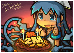 Rule 34 | 1girl, announcement celebration, blue eyes, blue hair, cake, candle, dress, food, futa (out of fuel), happy, happy birthday, happy tears, hat, ikamusume, long hair, matching hair/eyes, shinryaku! ikamusume, solo, tears, tentacle hair