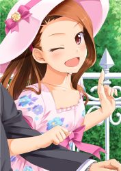 Rule 34 | 1boy, 1girl, ;d, blush, brown hair, couple, dress, floral print, hairband, hat, holding another&#039;s arm, idolmaster, idolmaster (classic), long hair, minase iori, miri (ago550421), one eye closed, open mouth, petals, pink dress, red eyes, ribbon, smile, sun hat, wink