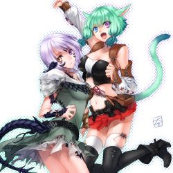 Rule 34 | 10s, 2girls, :d, animal ears, ankle boots, aqua hair, arm guards, arm up, armband, armor, au ra, bag, belt, belt buckle, black footwear, black legwear, blue eyes, boots, breasts, buckle, cat ears, cat tail, clenched hands, closed mouth, collarbone, crop top, cross-laced clothes, daikichi maru, detached sleeves, dragon girl, dragon horns, dragon tail, dress, eyebrows, eyelashes, facial mark, fang, final fantasy, final fantasy xiv, forehead mark, hair tubes, heterochromia, high heel boots, high heels, highres, horns, jewelry, jumping, light purple hair, long hair, looking at viewer, medium breasts, midriff, miniskirt, miqo&#039;te, multiple girls, navel, open mouth, pauldrons, pointy ears, polka dot, purple eyes, purple hair, red skirt, scales, shade, short dress, short hair, short sleeves, shoulder armor, sidelocks, silver hair, skirt, smile, stomach, strapless, tail, thighhighs, warrior of light (ff14), white background, yellow eyes