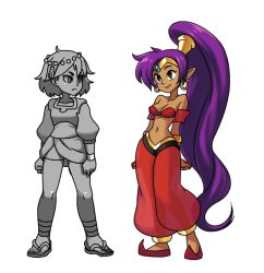 Rule 34 | 2girls, ajna (indivisible), ankle wrap, armband, beads, blue eyes, breasts, cleavage, commentary, crossover, dark skin, dark-skinned female, earrings, forehead jewel, full body, hair ornament, hair tubes, harem pants, hoop earrings, indivisible, jewelry, long hair, midriff, multiple girls, navel, official art, pants, partially colored, pointy ears, pointy footwear, purple hair, sandals, see-through, shantae, shantae (series), shoes, short hair, smile, tiara, very long hair