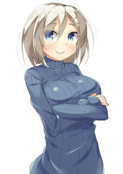 Rule 34 | 10s, 1girl, alternate costume, bad id, bad pixiv id, blue eyes, crossed arms, hair over one eye, hamakaze (kancolle), kankitsunabe (citrus), kantai collection, ribbed sweater, short hair, silver hair, solo, sweater, turtleneck