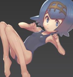 Rule 34 | 1girl, barefoot, blue eyes, blue hair, breasts, conoghi, creatures (company), feet, female focus, game freak, gold hairband, grey background, hairband, knees together feet apart, lana (pokemon), nintendo, one-piece swimsuit, parted lips, pokemon, pokemon sm, short hair, simple background, small breasts, solo, swimsuit, toes