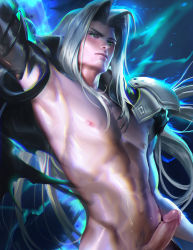 Rule 34 | 1990s (style), 1boy, armpits, final fantasy, final fantasy vii, green eyes, highres, long hair, looking at viewer, male focus, navel, nipples, open clothes, penis, sakimichan, sephiroth, silver hair, solo, uncensored, upper body, very long hair