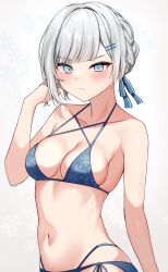 Rule 34 | 1girl, absurdres, akershus fortress (oshiro project), arm up, bikini, blue bikini, blue eyes, blush, braid, breasts, cleavage, collarbone, commentary request, grey hair, hair ornament, hairpin, halterneck, hand in own hair, highres, holding, holding hair, looking at viewer, medium breasts, midriff, oshiro project:re, rei (rei 9146), ribbon, side-tie bikini bottom, simple background, solo, standing, swept bangs, swimsuit, upper body, white background