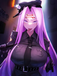 Rule 34 | 1girl, belt, black gloves, black shirt, breasts, facial mark, fate/stay night, fate (series), forehead, forehead mark, gloves, hat, highres, large breasts, long hair, looking at viewer, medusa (fate), medusa (rider) (fate), minami koyogi, open mouth, parted bangs, police, police hat, police uniform, purple eyes, purple hair, riding crop, shirt, short sleeves, sidelocks, solo, square pupils, tongue, tongue out, uniform, very long hair