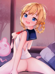 Rule 34 | 1girl, absurdres, akimiya yamiku, ass, azur lane, bar censor, blonde hair, blue eyes, blush, bottomless, censored, condom, cowgirl position, girl on top, highres, looking at viewer, open mouth, penis, pillow, saliva, sex, short hair, solo focus, stephen potter (azur lane), straddling, used condom, window