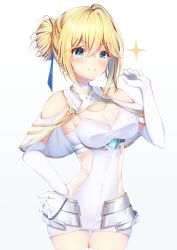 Rule 34 | 1girl, arm up, azur lane, bare shoulders, blonde hair, blue eyes, blush, breasts, choker, cleavage, closed mouth, dress, elbow gloves, gloves, hair bun, highres, jeanne d&#039;arc (azur lane), large breasts, long hair, looking at viewer, nagi aoi, see-through, short dress, single hair bun, smile, solo, standing, thighhighs, white background, white dress, white gloves
