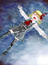 Rule 34 | 1girl, :d, ^ ^, afloat, araki (qbthgry), ascot, blonde hair, blouse, closed eyes, closed eyes, fang, in water, lying on water, navel, open mouth, outstretched arms, partially submerged, rumia, shirt, short hair, skirt, smile, solo, spread arms, thighhighs, touhou, vest, water, zettai ryouiki