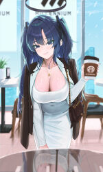 Rule 34 | 1girl, absurdres, bag, black coat, blue archive, blush, breasts, cleavage, closed mouth, coat, coat on shoulders, coffee cup, collarbone, cup, disposable cup, dongtan dress, dress, fieryonion, floor, highres, holding, holding cup, indoors, jewelry, large breasts, leaning forward, long hair, long sleeves, looking at viewer, meme attire, pendant, purple eyes, purple hair, shoulder bag, smile, solo, starbucks, table, two side up, white dress, yuuka (blue archive)