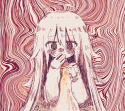 Rule 34 | 1girl, @ @, abstract background, blush, covered mouth, covering own mouth, hair between eyes, halo, hand to own mouth, hands up, kanikan, long hair, long sleeves, looking at viewer, monochrome, original, pill, red theme, solo, straight-on, tears, upper body