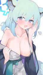 Rule 34 | 1girl, :d, animal ears, aqua hair, blue archive, blue halo, blush, breasts, cleavage, collarbone, halo, heart, highres, japanese clothes, kimono, large breasts, long sleeves, looking at viewer, medium hair, mikozin, official alternate costume, open mouth, shigure (blue archive), shigure (hot spring) (blue archive), simple background, smile, solo, spoken heart, sweat, tail, weasel ears, weasel girl, weasel tail, white background, white kimono, wide sleeves