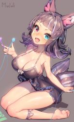 Rule 34 | 1girl, animal ear fluff, animal ears, babydoll, barefoot, black babydoll, black panties, blue eyes, blush, breasts, character request, cleavage, fangs, feet, full body, heterochromia, large breasts, looking at viewer, muloli, no panties, open mouth, panties, purple eyes, purple hair, short hair, simple background, sitting, smile, solo, tail, thigh strap, underwear, wariza