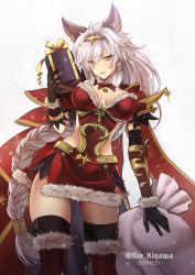 Rule 34 | 10s, 1girl, 2016, alternate costume, animal ears, armor, backless outfit, bell, black gloves, black thighhighs, bow, bowtie, box, braid, breasts, cleavage, cowboy shot, dated, elbow gloves, erune, fur trim, gift, gift box, gloves, granblue fantasy, hair tubes, hairband, heles, kigawa rin, long hair, looking at viewer, low-tied long hair, medium breasts, parted lips, pauldrons, purple eyes, red bow, red bowtie, red thighhighs, sack, shoulder armor, sidelocks, silver hair, single braid, solo, standing, thighhighs, twitter username, vambraces, very long hair