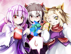 Rule 34 | &gt;;), 3girls, ahoge, ash blossom &amp; joyous spring, blonde hair, box, brown hair, commentary, copyright request, duel monster, fang, fang out, frown, furumeta, ghost ogre &amp; snow rabbit, ghost reaper &amp; winter cherries, gift, gift box, grin, hair between eyes, hair ornament, highres, horns, incoming gift, japanese clothes, kimono, long hair, looking at viewer, low twintails, multiple girls, purple hair, red eyes, scarf, short hair, smile, spoken sweatdrop, sweatdrop, teeth, twintails, v-shaped eyebrows, valentine, wavy mouth, yellow eyes, yu-gi-oh!