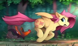 Rule 34 | bird, blue eyes, chicken, fleeing, fluttershy, from side, highres, long hair, looking back, motion blur, my little pony, my little pony: friendship is magic, no humans, open mouth, outdoors, pegasus, pegasus wings, pink hair, rooster, running, tree, yakovlev-vad, yellow fur