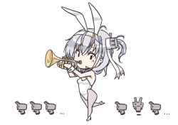 Rule 34 | 1girl, animal ears, blush, breasts, chibi, clothes writing, fake animal ears, hachimaki, headband, high heels, instrument, kantai collection, leotard, long hair, looking at viewer, music, nakadori (movgnsk), one side up, pantyhose, playboy bunny, playing instrument, rabbit ears, silver hair, simple background, strapless, strapless leotard, suzutsuki (kancolle), trumpet, white background