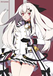 Rule 34 | 1girl, bad id, bad pixiv id, black bow, black gloves, black panties, bow, breasts, buttons, character name, cropped jacket, crown, double-breasted, frilled sleeves, frills, fringe trim, girls&#039; frontline, gloves, hair between eyes, hair ornament, hair ribbon, hairclip, hand up, highres, iws 2000 (girls&#039; frontline), long hair, long sleeves, looking at viewer, medium breasts, military, military uniform, nagidori, panties, pantyshot, parted lips, pleated skirt, red eyes, ribbon, shirt, skirt, solo, standing, strap, tassel, thighs, two-tone background, underwear, uniform, white hair