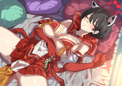 Rule 34 | 1girl, :o, animal ears, arm under breasts, bed, black hair, blue archive, blush, breasts, closed eyes, elbow gloves, floral print, gloves, hair between eyes, halo, large breasts, lying, on back, on bed, open mouth, pelvic curtain, pillow, red gloves, red sailor collar, sailor collar, short hair, sleeping, solo, spread legs, tajima ryuushi, tassel, tsubaki (blue archive), underboob