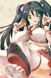 Rule 34 | 10s, 1girl, bare shoulders, black hair, breasts, detached sleeves, feet, green eyes, hair ribbon, isuzu (kancolle), kantai collection, large breasts, long hair, midriff, open mouth, panties, pantyshot, ribbon, skirt, solo, thighhighs, toes, twintails, underwear, upskirt, white thighhighs, yohane