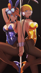 Rule 34 | 2girls, alternate costume, animal ears, arm at side, bare arms, bare shoulders, black background, black choker, black pantyhose, blonde hair, blue bow, blue bowtie, blue eyes, blue footwear, blue leotard, blunt bangs, bow, bowtie, breasts, choker, closed mouth, collarbone, commentary, couple, covered navel, creatures (company), detached collar, elesa (pokemon), english commentary, fake animal ears, game freak, gym leader, hair between eyes, hair ornament, hand on own head, headphones, high heels, highleg, highleg leotard, highres, holding hands, interlocked fingers, large breasts, leotard, looking at viewer, medium breasts, multiple girls, naughty face, neck, nintendo, open mouth, pantyhose, playboy bunny, pokemon, pokemon bw, pole, pole dancing, rabbit ears, red hair, short hair, short hair with long locks, sidelocks, skyla (pokemon), smile, standing, standing on one leg, strapless, strapless leotard, stripper pole, traditional bowtie, vivivoovoo, white wrist cuffs, wrist cuffs, yellow footwear, yellow leotard, yuri