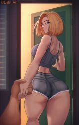 Rule 34 | 1girl, alternate costume, android 18, ass, back, biitii, blonde hair, blue eyes, breasts, cutoffs, denim, denim shorts, doorway, dragon ball, dragonball z, holding hands, highres, huge ass, kneepits, large breasts, making-of available, pov, shorts, shoulder blades, smile, tank top, thick thighs, thighs, twitter username