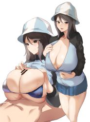 Rule 34 | 1girl, aji (sakanaaj1), bar censor, bikini, bikini top only, blue skirt, breasts, brown eyes, brown hair, censored, cleavage, closed mouth, erection, girls und panzer, hat, highres, huge breasts, keizoku military uniform, long hair, lying, mika (girls und panzer), nude, on back, open mouth, out of frame, paizuri, penis, shirt tucked in, skirt, smile, solo focus, standing, swimsuit, thighs, tulip hat, unzipping, white background, zipper pull tab