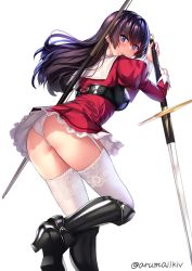 Rule 34 | 1girl, armored boots, artist name, aruma jiki, ass, player character (mabinogi), black hair, blue eyes, blush, boots, breasts, commentary request, dress, from behind, garter straps, hair between eyes, high heel boots, high heels, holding, holding sword, holding weapon, lace, lace-trimmed legwear, lace trim, long hair, looking at viewer, looking back, mabinogi, medium breasts, panties, pantyshot, puffy sleeves, simple background, solo, standing, standing on one leg, sword, thighhighs, twitter username, underwear, weapon, weapon on back, white background, white panties, white thighhighs