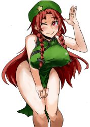 Rule 34 | 1girl, alternate eye color, bare shoulders, beret, braid, breasts, china dress, chinese clothes, dress, hair ribbon, hat, heiseikorotaisei, hong meiling, huge breasts, large breasts, leaning forward, long hair, looking at viewer, one eye closed, red eyes, red hair, ribbon, side slit, sleeveless, sleeveless dress, solo, touhou, tress ribbon, twin braids, white background